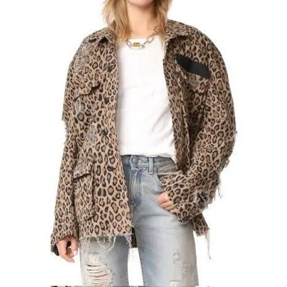 NWOT R13 Abu Shredded Leopard Cotton Military Style Shirt Jacket Women's XS